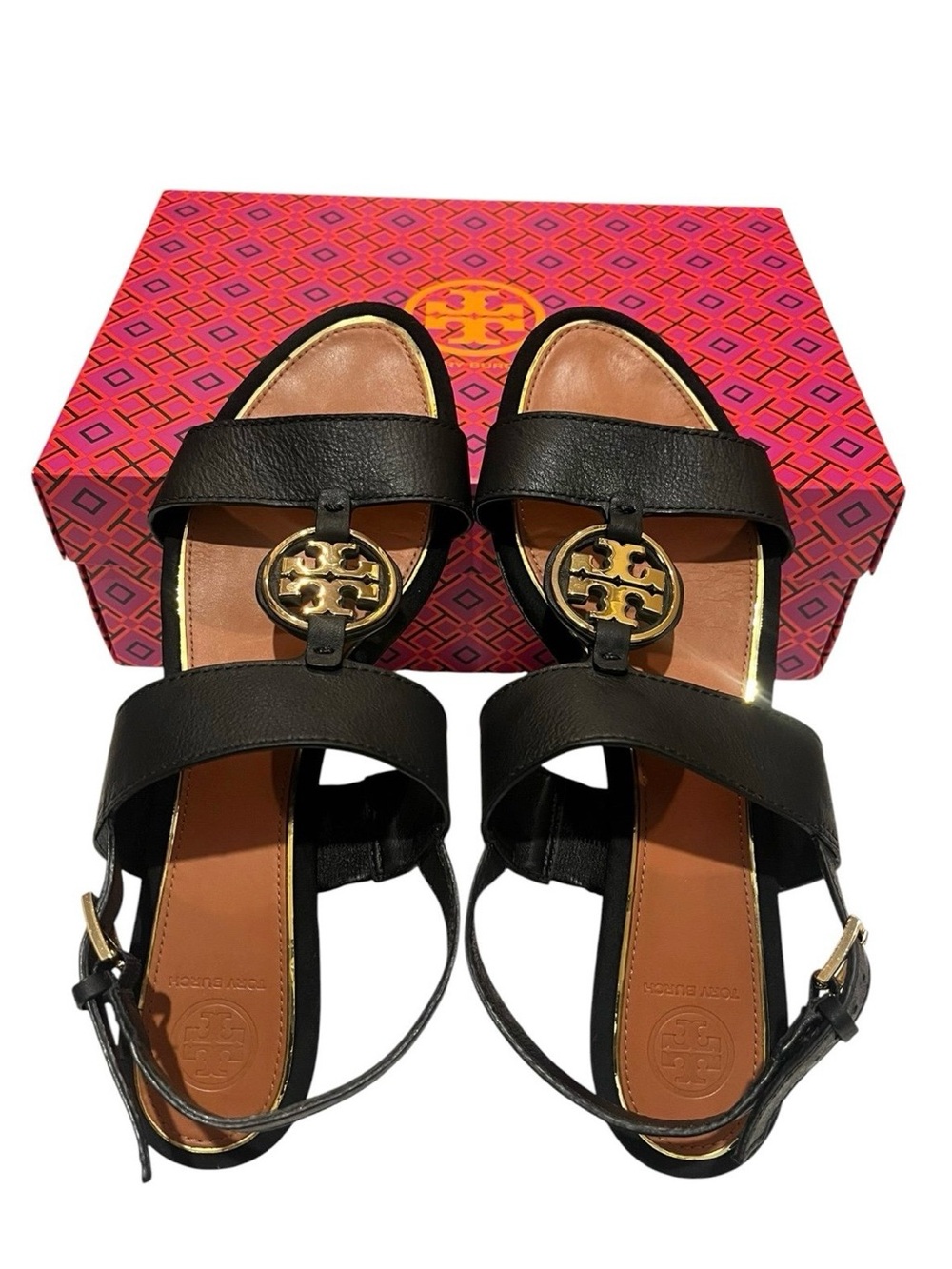 Tory Burch Metal Miller Two Band Sandals Black Gold Leather Size 11 W/ Box